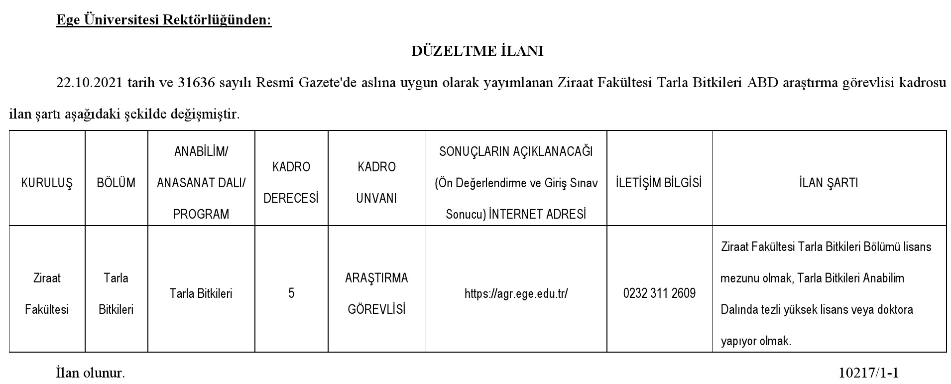 Ege Universitesi Ogretim Elemani Alim Ilani Guncellendi